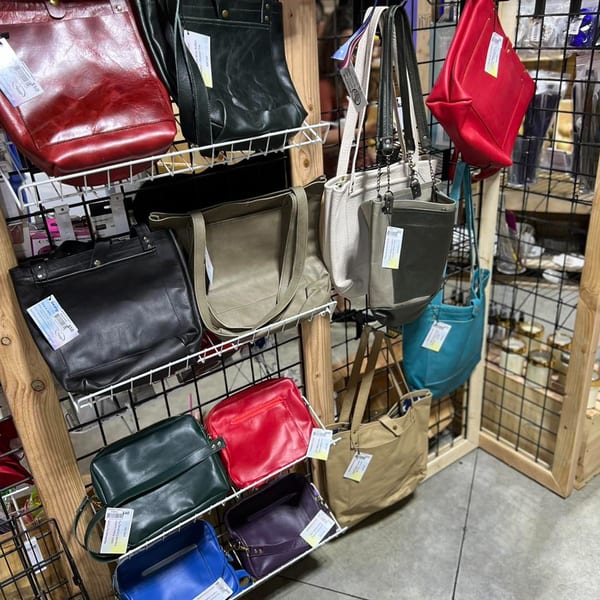 A display of colorful leather handbags, including red, black, beige, and blue, hanging on a wire rack.